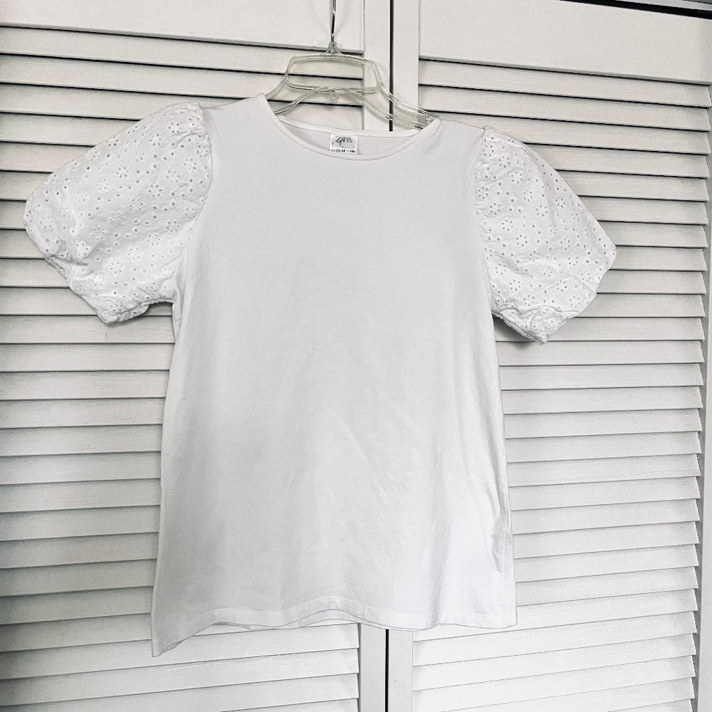 Zara girls white eyelet puff sleeve t-shirt size 13/14